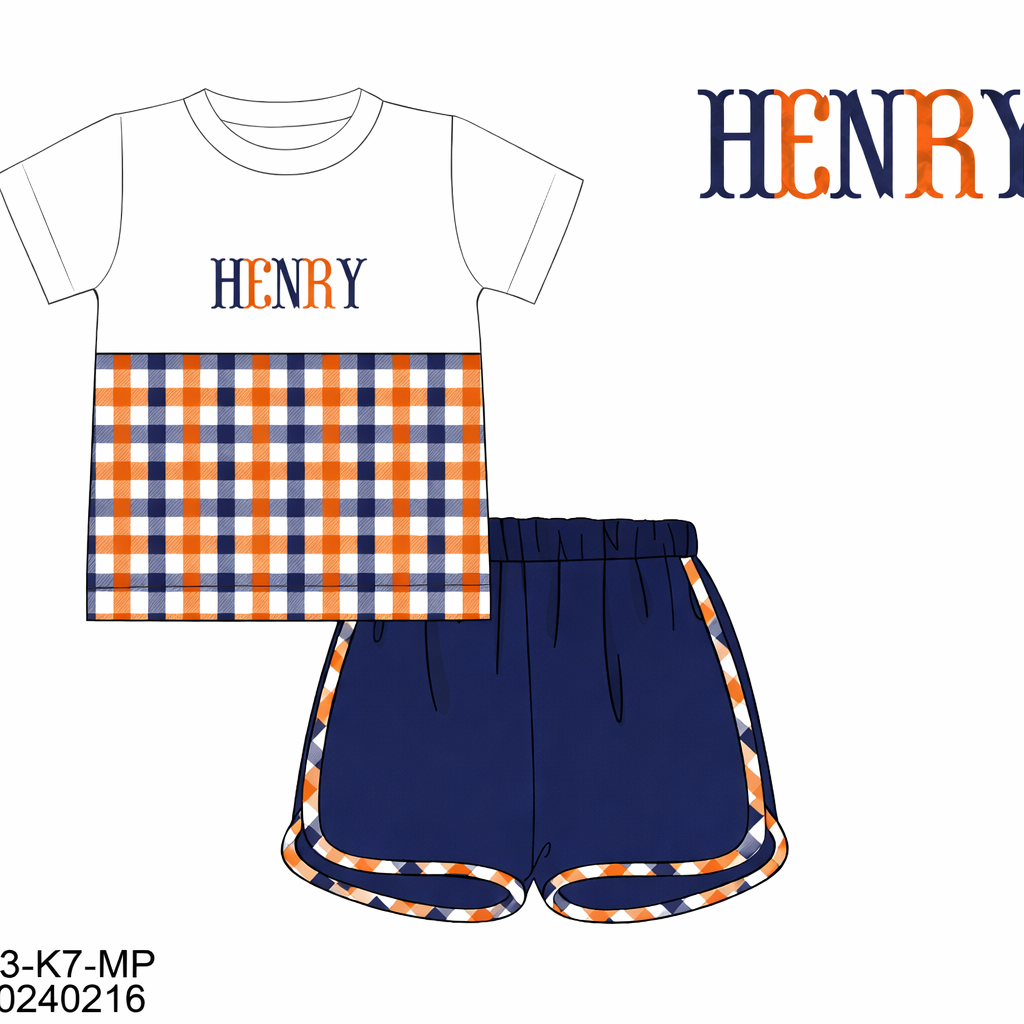 PO50 French Knot Orange & Navy Short Set