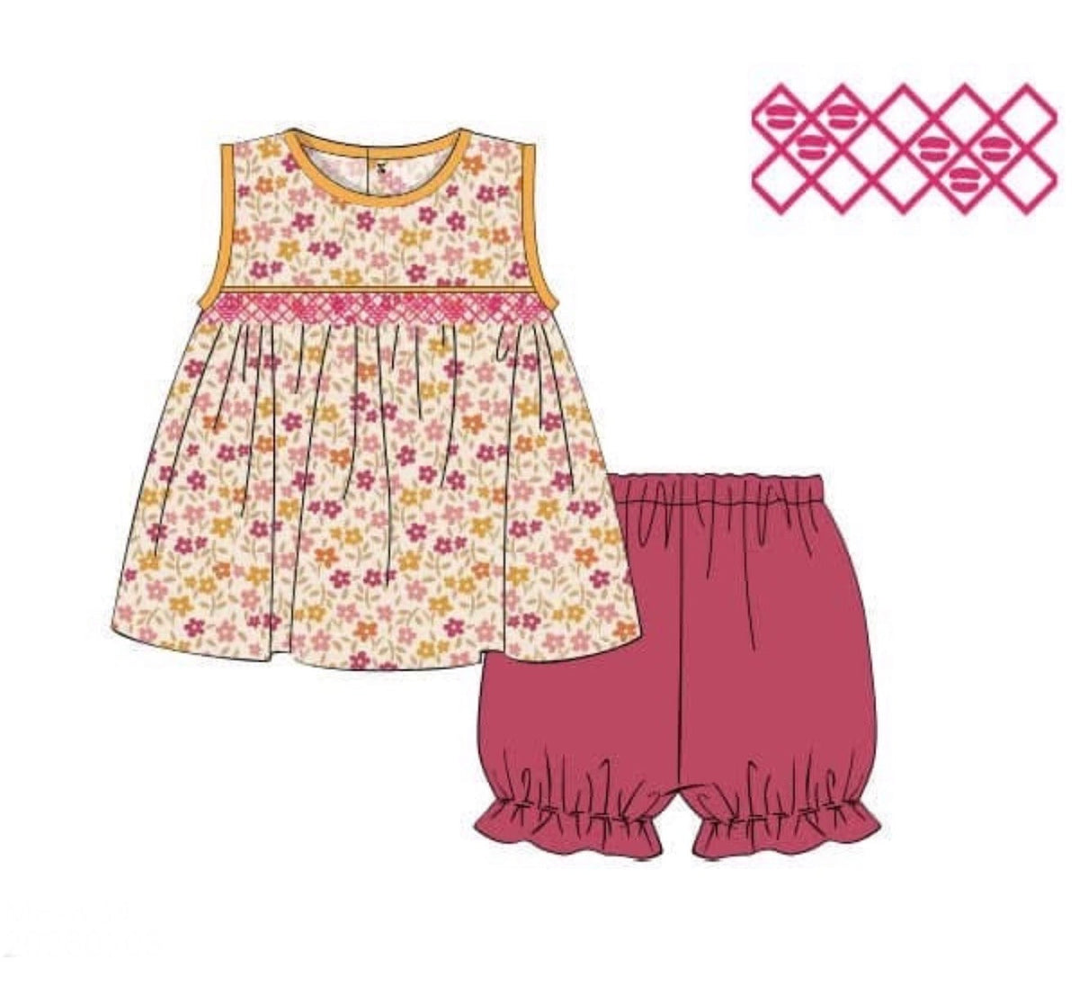 PO50 French Knot Tractors & Flowers Girl Short Set