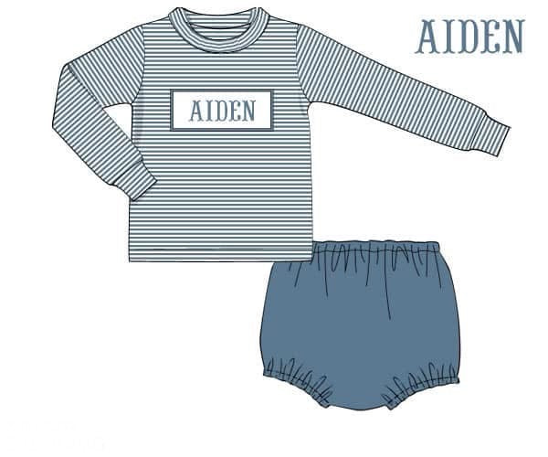 PO44 Bluestone Floral Name Smocks Diaper Set