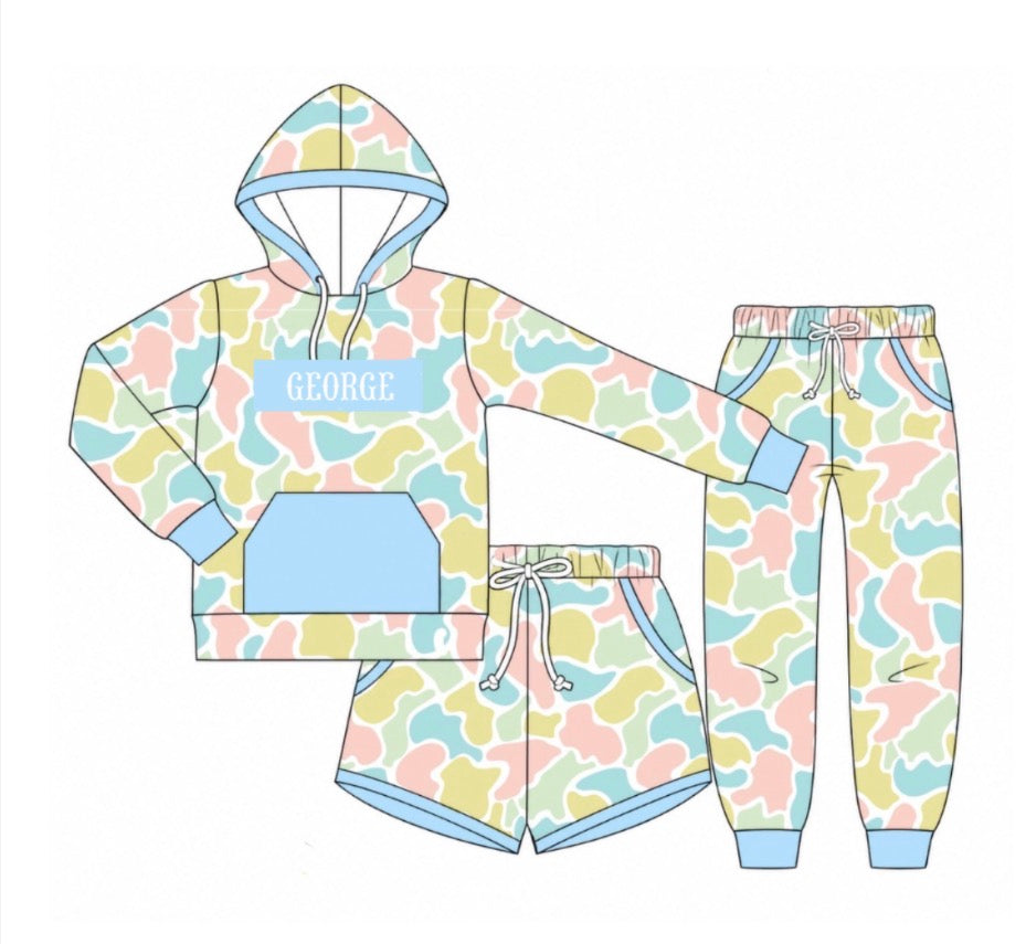 PO55 Name Smocked Jogger Sets - Colorful Camo 3 Piece Set