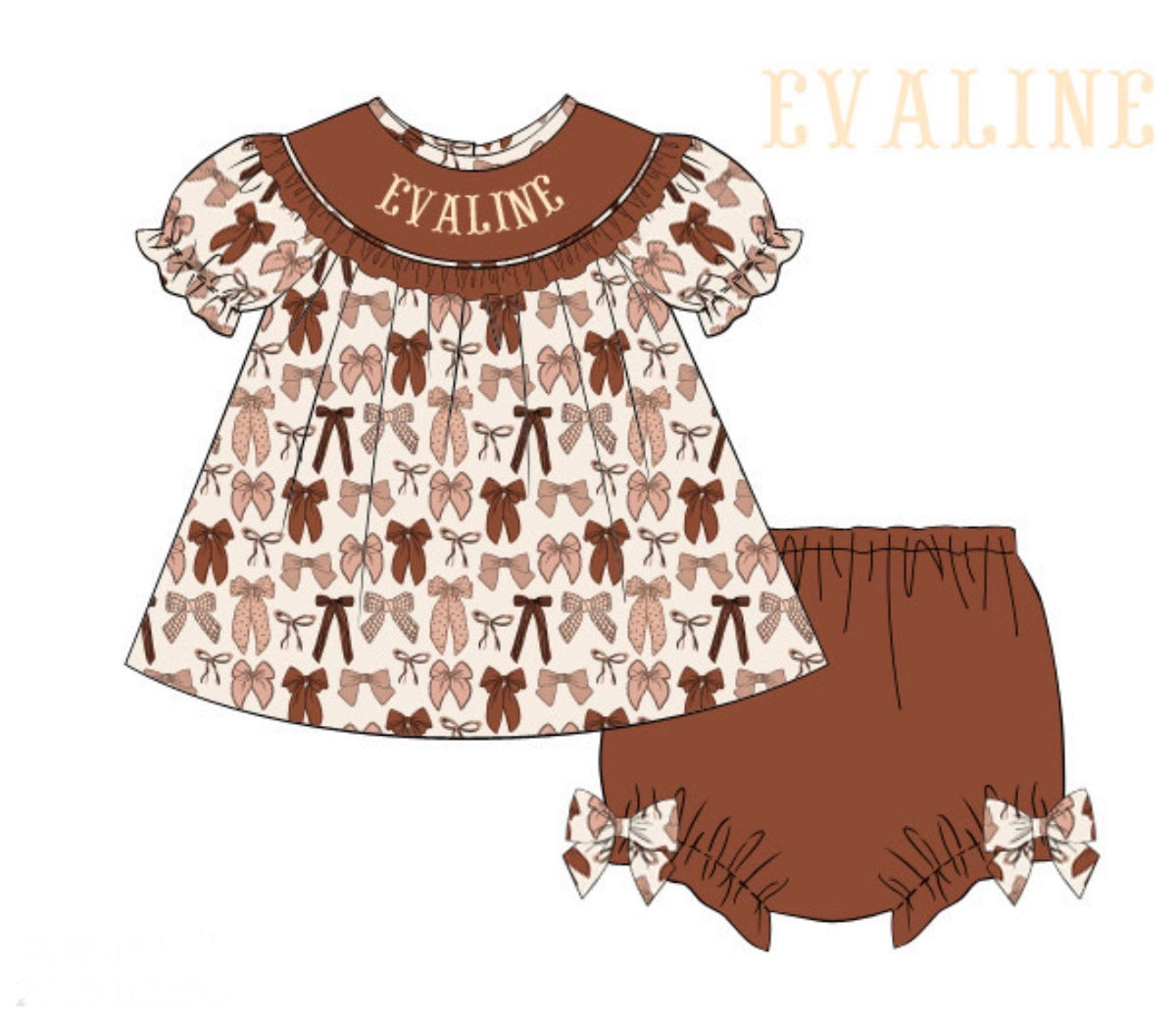 PO51 Brown Bows & Things That Go Name Smocks Bloomer Set