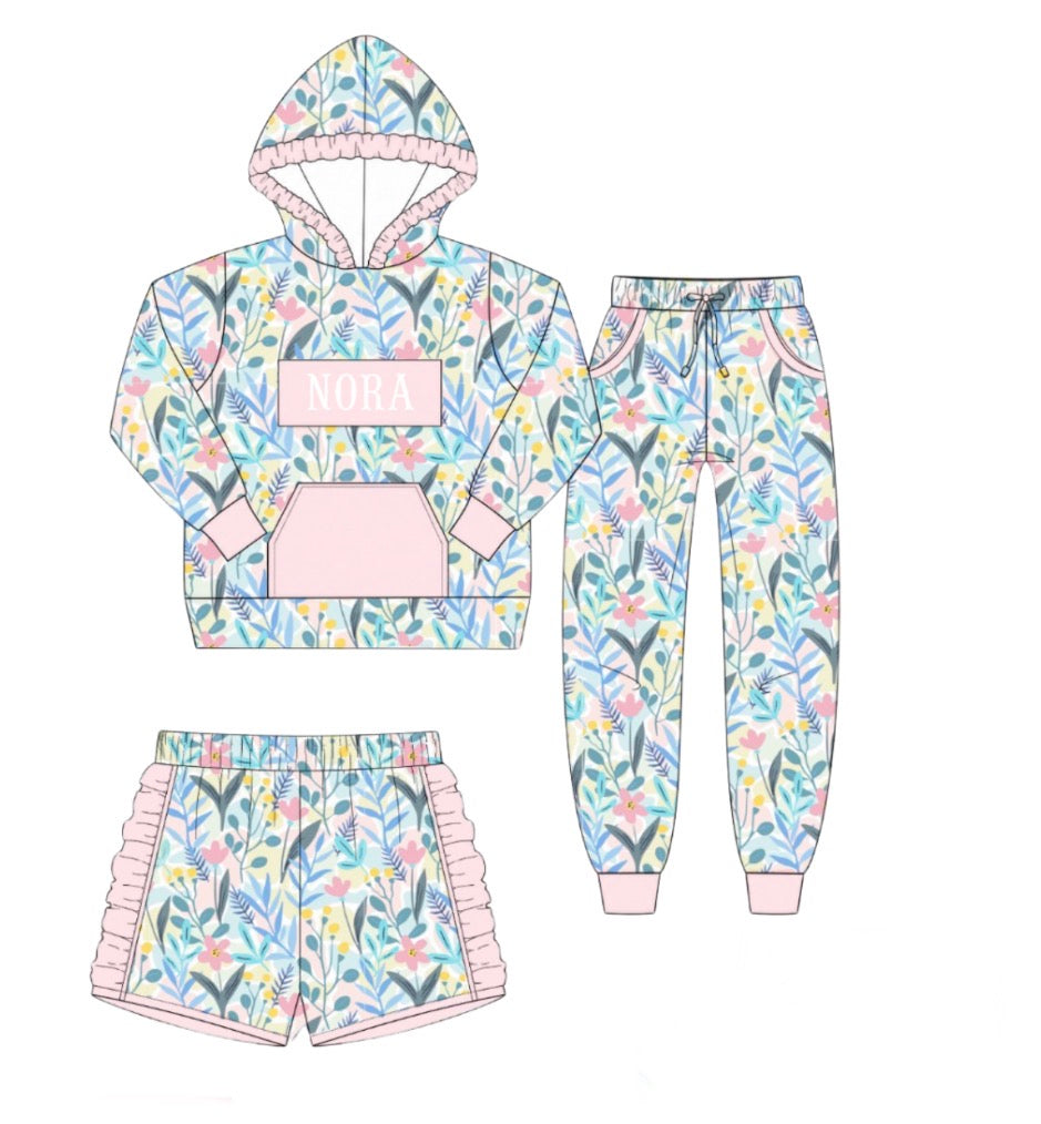 PO55 Name Smocked Jogger Sets - Floral 3 Piece Set