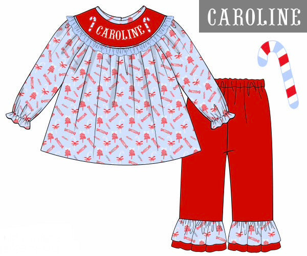 PO54 Candy Cane Name Smocks Pant Set