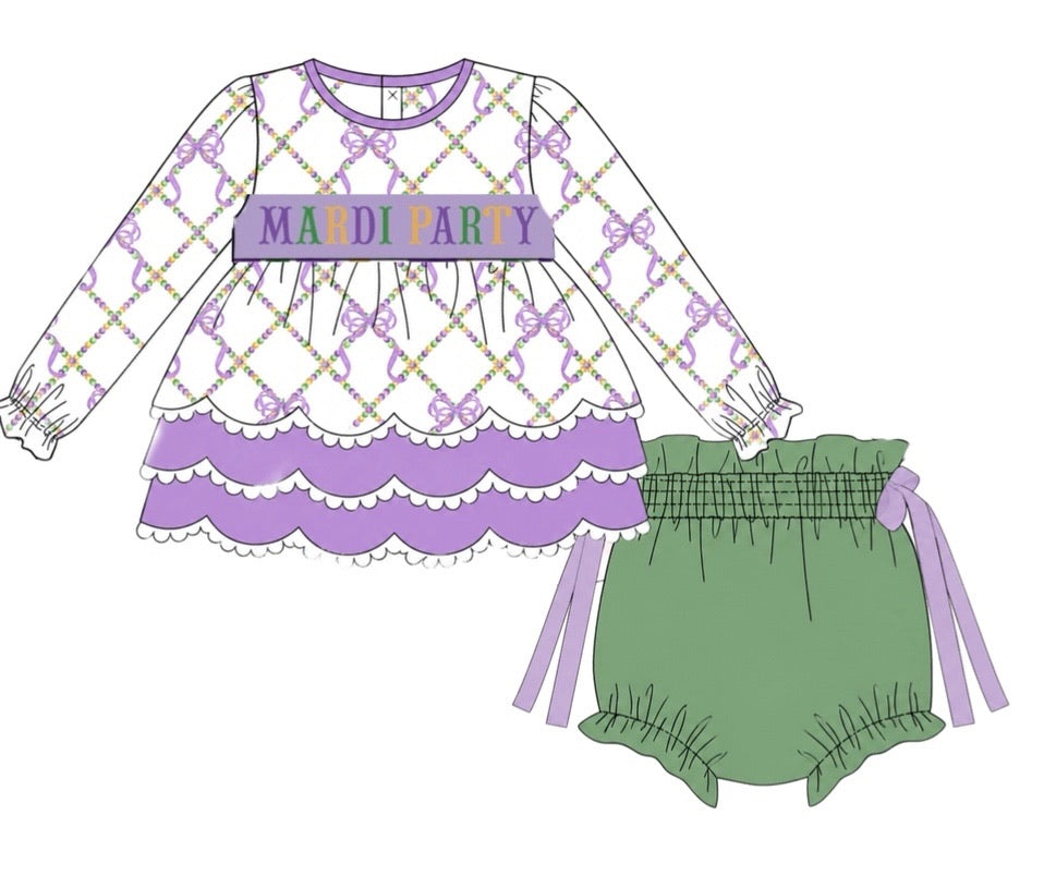 PO56 Mardi Gras Name Smocks Bloomer Set 5T+ DRESS LENGTH