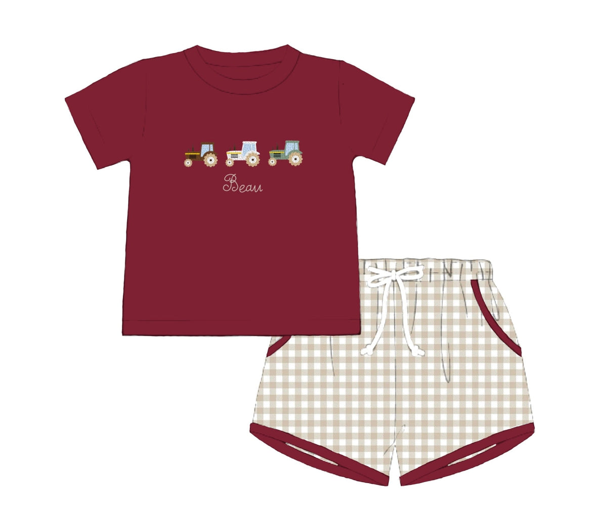 PO50 French Knot Tractors & Flowers Boy Short Set