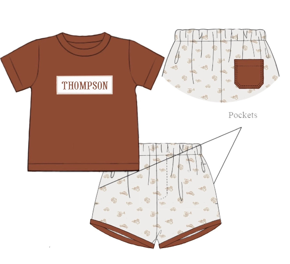 PO51 Brown Bows & Things That Go Name Smocks Short Set