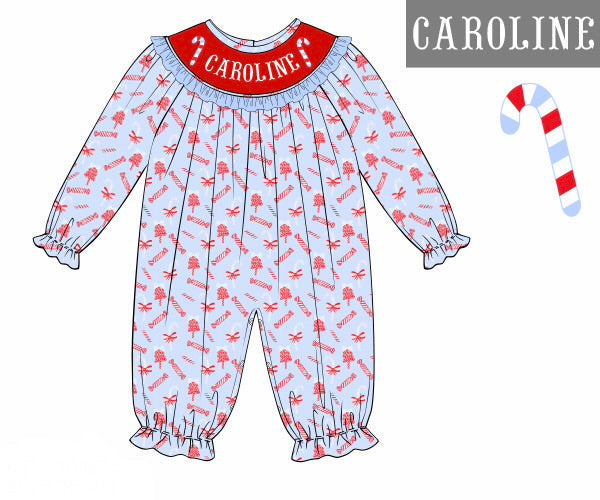 PO54 Candy Cane Name Smocks Girl Romper