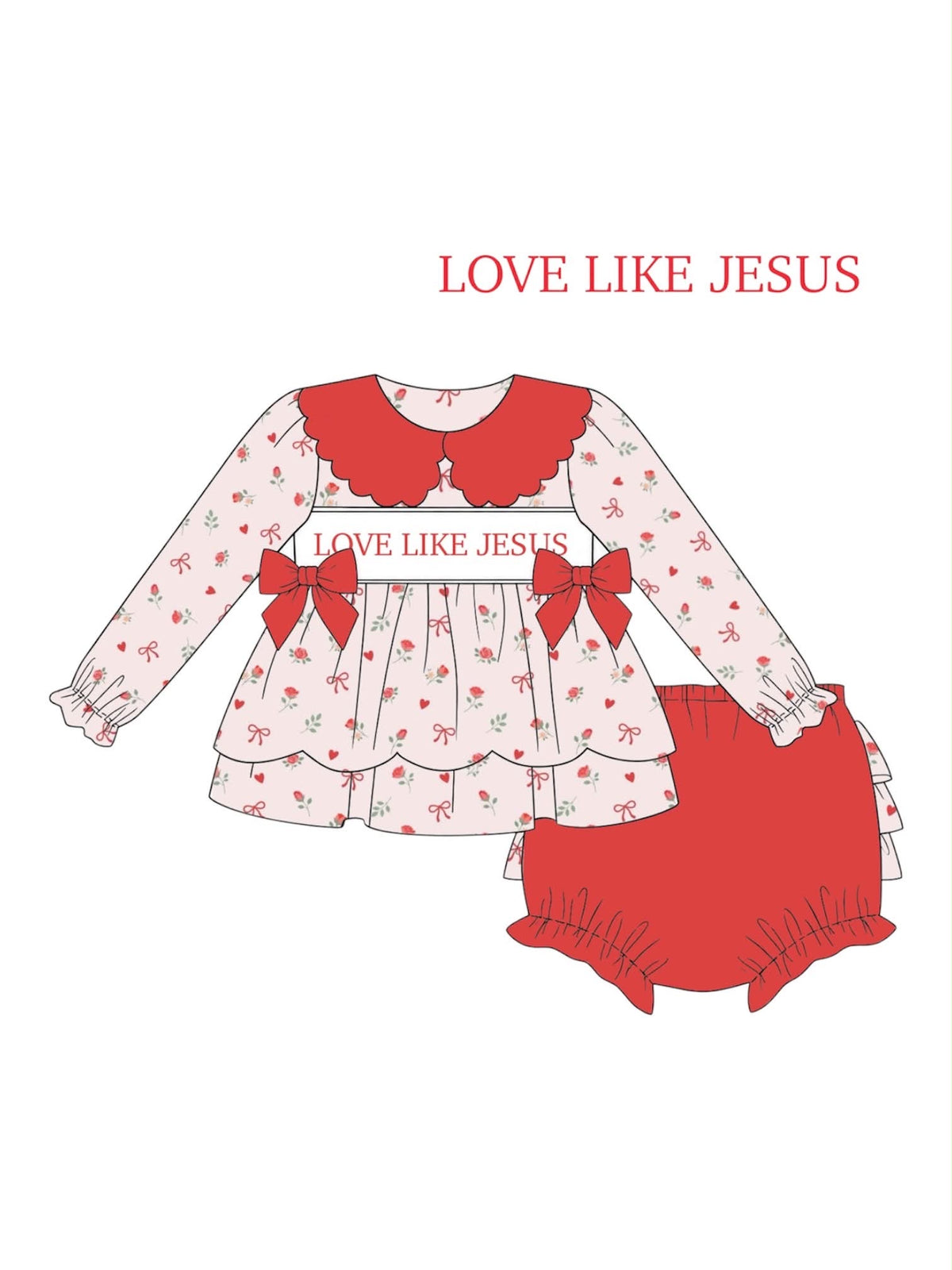 PO56 Love Like Jesus Name Smocks Bloomer Set 5t+ DRESS LENGTH