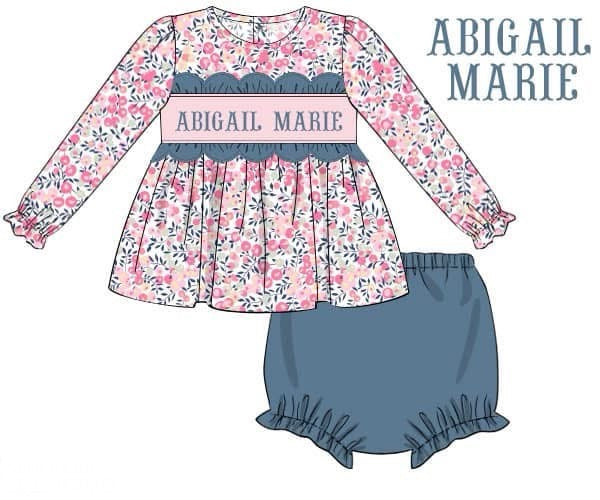 PO44 Bluestone Floral Name Smocks Bloomer Set