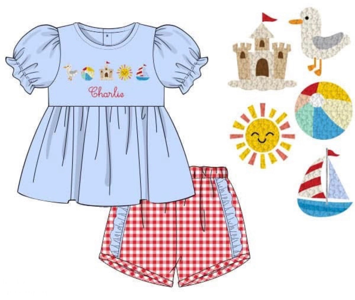 PO48 French Knot Beach Fun Girl Short Set