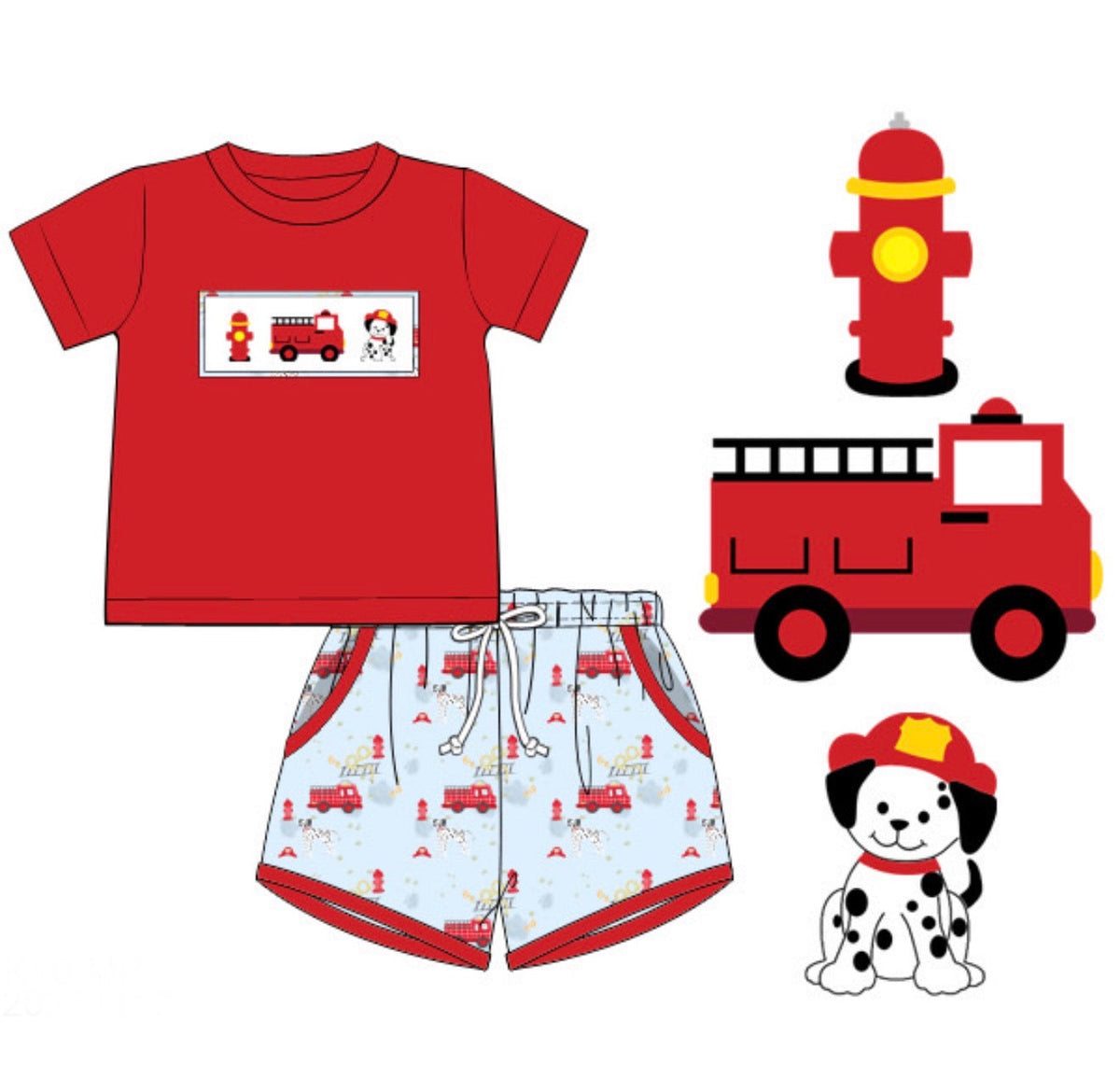 PO49 Smocked Fire House Boy Short Set