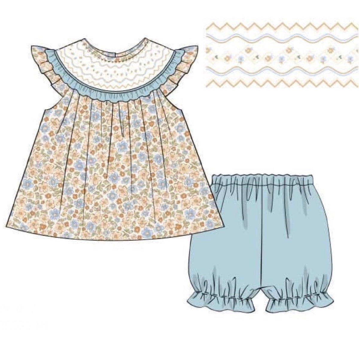 Neutral & Blue Smocked Set