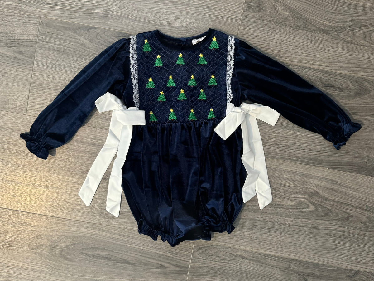 Navy Velvet Smocked Trees Girl Bubble